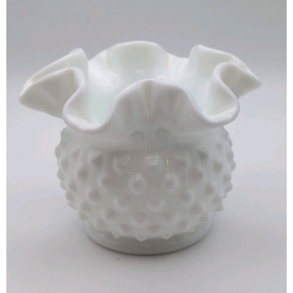 Fenton White Milk Glass Hobnail Ruffled 3" Vase‎ Double Crimped
